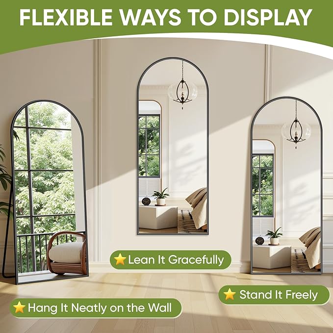 Full-Length Floor Mirror with Stand, 58"x19" Arched Style Full Body Standing Mirror for Bedroom, Living Room, Gym, Dorm - Shatter-Resistant & Easy Assembly, Black