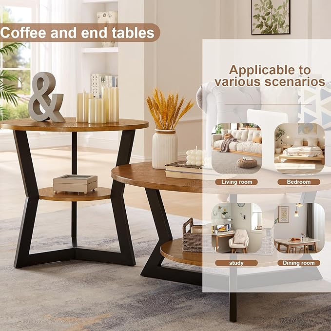 End Table, Round Wood End Table for Living Room with 2-Tier Table Top with Storage Rack, Metal Leg Triangle Support Design, Home Furniture, 25 x 25 x 24 in