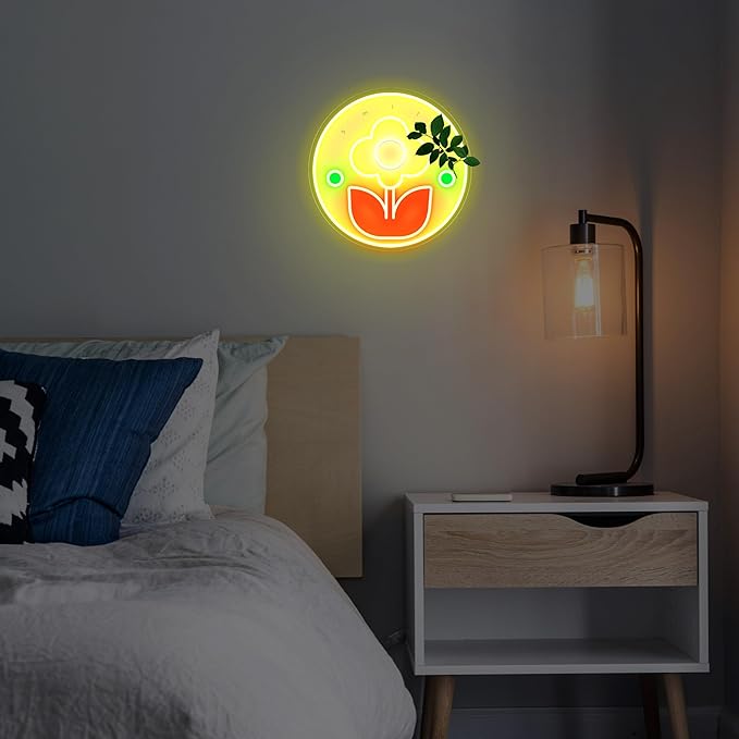 Flower LED Yellow Neon Light, Dimmable USB Wall-Mounted Retro Decoration, Creating a Modern Home Aesthetic, Simple and Sunshine Mood Light, Suitable for Living Rooms, Offices, Bedrooms, Game Rooms