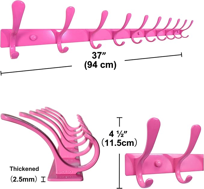 SKOLOO Coat Rack Wall Mounted - 10 Hooks, Heavy Duty, Stainless Steel, Metal Wall Hanger, Sturdy Coat Hooks for Hanging Coats, Jackets, Clothes, Hats - Pink