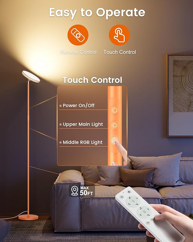 WOWLUMEN UFO Floor Lamp 71in, Upgraded 42W 3700LM LED Torchiere Floor Lamps for Living Room, Modern Tall Bright Standing Light with Remote, Dimmable Sky Light,1/2/3H Timer for Bedroom,Office(Orange)