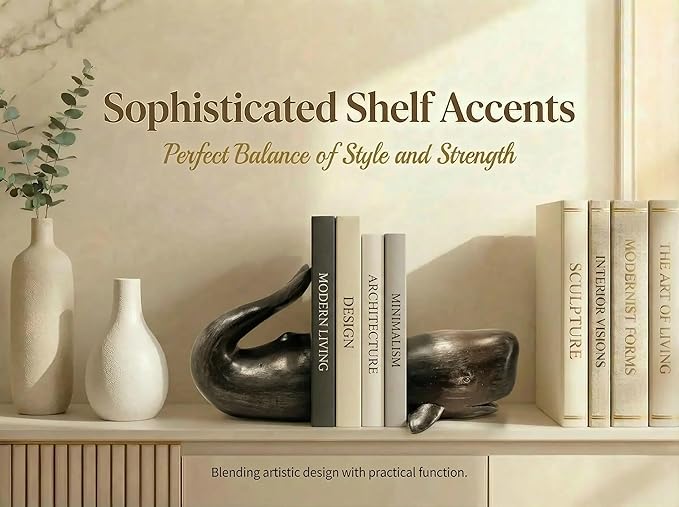 Comfy Hour Nautical Whale Decorative Bookends, Unique Under The Sea Ocean Resin Book Ends for Shelves, Heavy Duty Coastal Book Stopper for Books, Black, 1 Pair