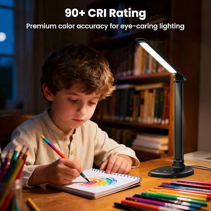 Desk Lamp with Charger, 10%-100% Stepless Dimmable & 5 Color Modes Study Lamp, Touch Control, 30-/60-minute Timer, USB Charging Output Port, CRIโฅ90, Eye-Caring Foldable LED Desk Lamps for Home Office