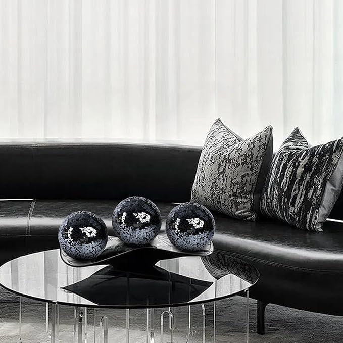 DomeStar 3PCS Decorative Balls for Bowls, 4 Inch Black Orbs Glass Balls for Centerpiece Bowls Mosaic Sphere for Home Decoration Dining Table
