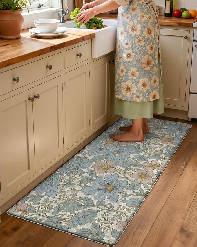 DEXI Kitchen Mats for Floor, 23x59, Cushioned Standing Mat Anti Fatigue, Wide Waterproof Comfort Floral Padded for Laundry Room Office, Blue
