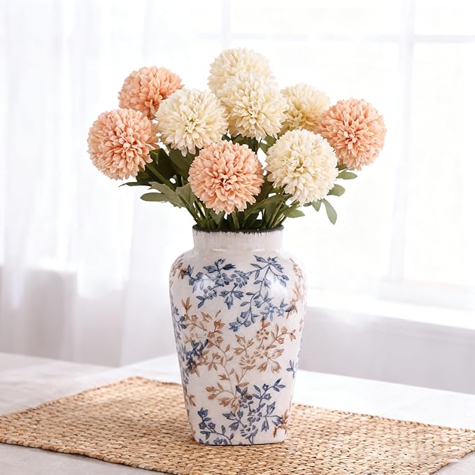 Blue and White Vase, Ceramic Chinoiserie Vase for Home Decor, Vintage Blue Floral Porcelain Vases, Farmhouse Pottery Flower Vase for Living Room Kitchen Table Shelf Mantel, Blue and White Decor Accent