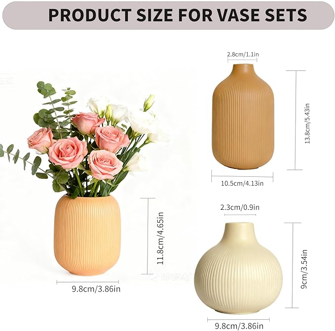 Ceramic Boho Vase Set of 3, Modern Colorful Ceramic Vases with Ribbed Texture, Minimalist Home Decor for Table Centerpiece, Kitchen, Living Room, Table Shelf, Office Decor