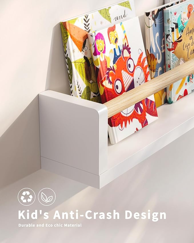 Nursery Book Shelves - 4 Pack, Wall Book Shelves for Bedroom Kids, Kids Wall Book Shelf, Book Shelf for Kid Rooms, Toddler, Baby, Play Room, Nursery Decor (White Wood, 16.5 Inches)