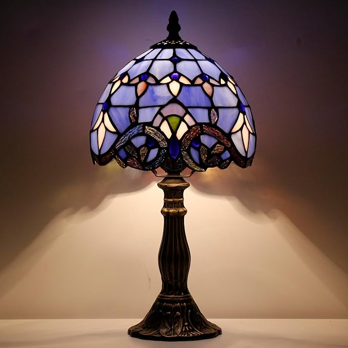Small Tiffany Lamp Stained Glass Desk Lamp Vintage Tiffany Bedside Table Lamp for Home Living Room Bedroom Nightstand 8X15 Inch (Blue Baroque Style)