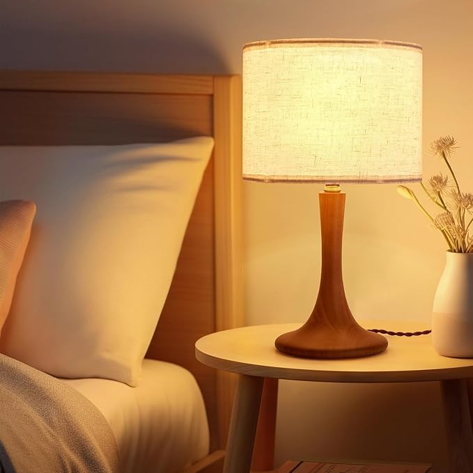 2 Pack Bedside Table Lamp for Bedroom, Nordic Plug in Fabric Shade & Solid Wood Base Desk Lamp, Plug & Play Red Wood Color Nightstand Lamp for Living Room, Office, Switch Power Cord【Bulb Not Included】