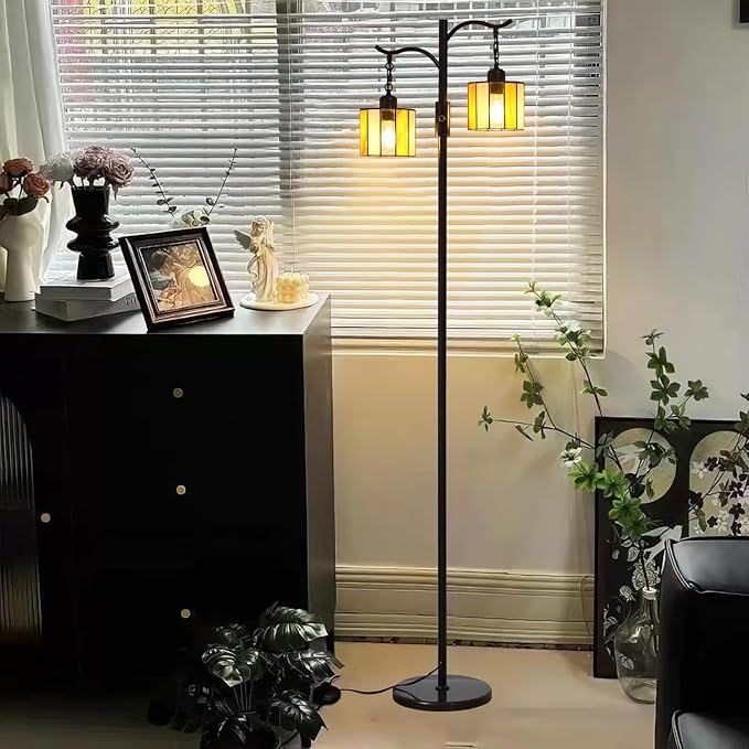 Asmymhd Vintage Dimmable Floor Lamp, Tiffany Standing Lamp with 2 Stained Glass Shades, Rustic Farmhouse Floor Lamp with Black Finish for Living Room Bedroom