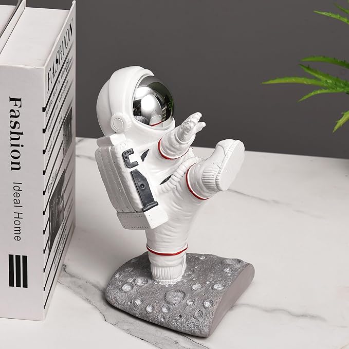 White Book Ends for Kids, Upgraded Astronaut Bookends Resin Spaceman Book Holders for Shelves Sturdy Book Stopper Book Ends to Hold Books Unique Outer Space Book Shelf Ends(F2-Silver Color)