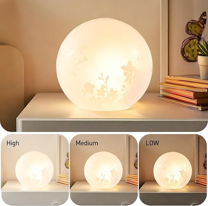 7.8 Inch Ball Table Lamp with Glass Shade Stylish Ball Light Lamp for Bedroom Living Room and Bookshelf Modern Design Perfect for Home Decor, Without Bulb (White Flower)