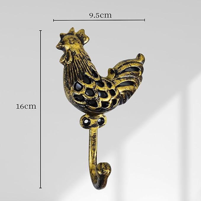 Set of 3 Cast Iron Rooster Shape Coat Hooks Wall Art Decor-Rooster Shape Hangers and Key Holder-Clothes Rack and Backpack Hanger-Coat Hooks Home Decor for Storage, Living Room,Hallway (Brass Antique)