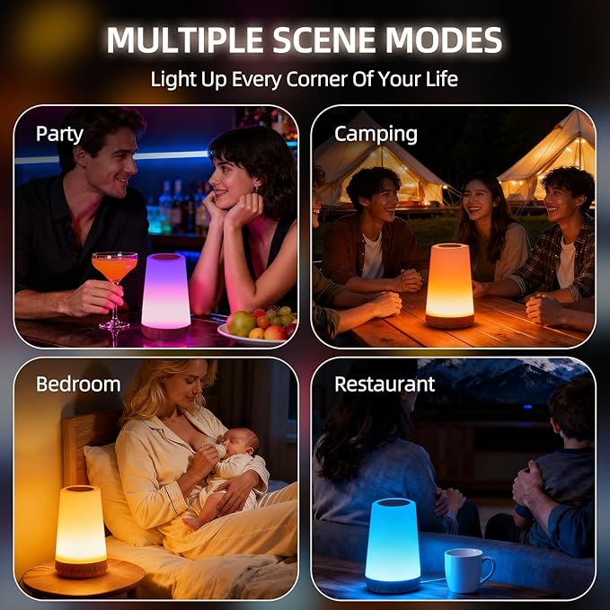 Night Light, Dimmable Touch Lamp and Remote Control, 13 RGB Colors & 5 Brightness, Rechargeable Bedside Table Lamp for Baby Kids Nursery Bedroom Bathroom Camping (Wood Grain)