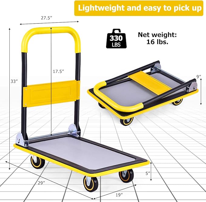 S AFSTAR Folding Push Cart Dolly, Rolling Platform Cart for Garage Warehouse, Portable Flatbed Cart with Non-Slip Swivel Casters (330Lbs Load-Bearing Capacity, Yellow)