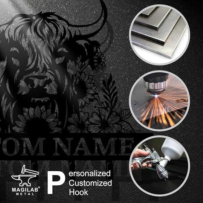 magilab Personalized Custom Highland Cow Wall Hooks,Metal Highland Cow Art Clothes Hooks,Metal Highland Cow Wall Home Storage Decorative,for Front Door, Hallway, Kitchen, Bedroom,Keys,Hats (Style L)