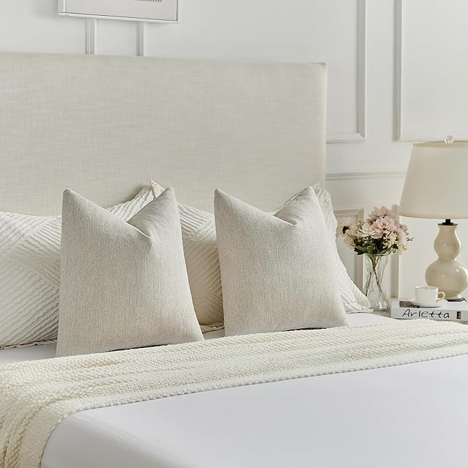 FUTEI Natural White Wood Chenille Decorative Throw Pillow Covers 16x16 Inch Set of 2,Soft Cozy Faux Linen Textured Cushion Case,Farmhouse Home Decor for Couch Living Room