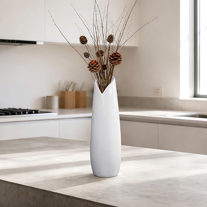 12Inch Tall White Ceramic Flower Vases,Home Decor Vase for Pampas Grass,Modern Textured Vases for Living Room Decorations,Shelf,Table Centerpieces,Farmhouse Small Ceramic Vase