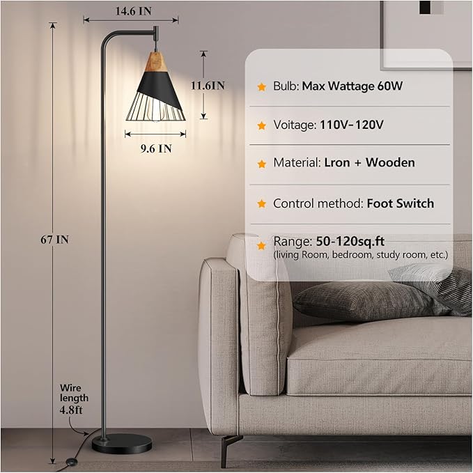 Alrryo 67" Industrial Floor Lamp with Wood & Black Metal Shade, Modern Standing Lamp, Rustic Farmhouse Tall Lamp for Living Room Bedroom Office, 2700K Bulb & Foot Switch Included (Black)