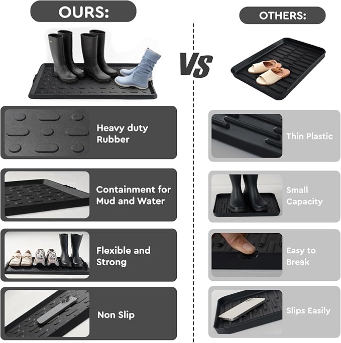 tchdio Durable Rubber Boot Tray and Shoe Mat for Entryway - Heavy Duty Waterproof Shoe Tray Organizer, Non Slip Boot Trays for Front Door, Entryway Muddy Shoes Storage, 16x48 Inches