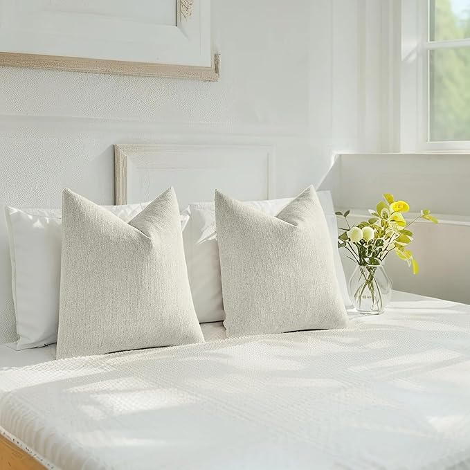 HAUSSY Cream White Throw Pillow Covers 16x16 Inch Set of 2,Boho Decorative Faux Linen Throw Pillows Cozy Farmhouse Accent Cushion Covers,Home Decor for Couch Sofa Bed Living Room