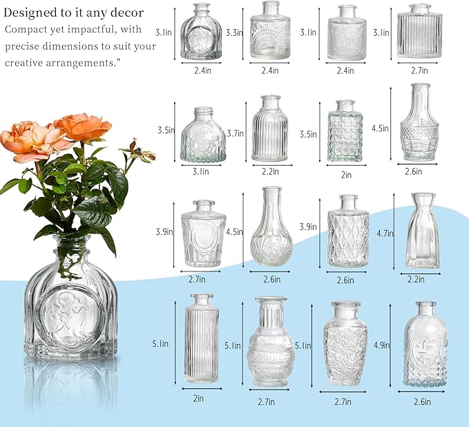 Glass Bud Vases Set of 16 - Assorted Small Mini Glass Vases for Flowers, Crystal Vintage Vase Set, Bulk Centerpieces for Table Décor, Wedding, Home and Events (Clear, 16 Pcs)