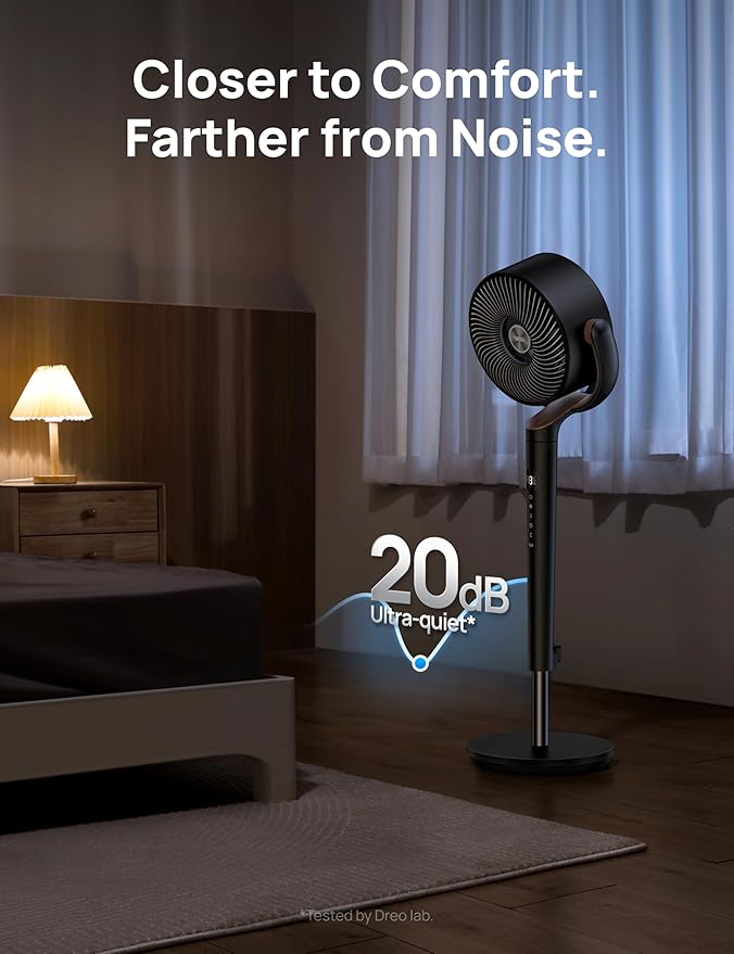 DREO Fan for Bedroom, 120Β°+120Β°Omni-directional Oscillating Fan, DC Motor, 20 dB Quiet Standing Pedestal Fans, 90ft, 8 Speeds, 3 Modes Circulator with Remote, 35-40"Adjustable Height, 8H Timer, Black