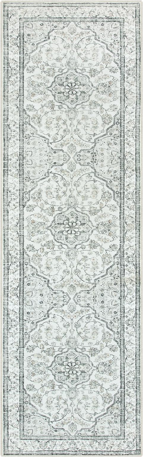 Lahome Oriental Washable Runner Rug,2.5x8 Long Bedroom Rug Runner Non-Slip,Runner Rug for Entryway Indoor,Traditional Laundry Room Rug Runner Low-Pile for Kitchen Hallway,(8ft,Light Gray)
