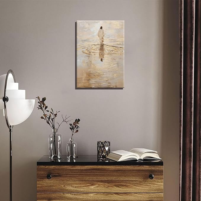 1Pcs Frame Jesus Walking on Water Canvas Wall Art Christian Jesus Walking on Water Back Wall Decor Pictures I Will Walk With Christ Posters Prints for Church Dining Living Room Kitchen Wall Bedroom Decoration16x24in