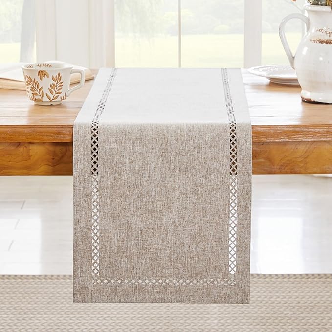 Burlap Style Farmhouse Table Runner, 13 x 108 Inch Coffee, Rustic Geometric Hollow Table Runners 108 Inches Long for Dresser Table Everyday Use, 13x108 Inches, Coffee