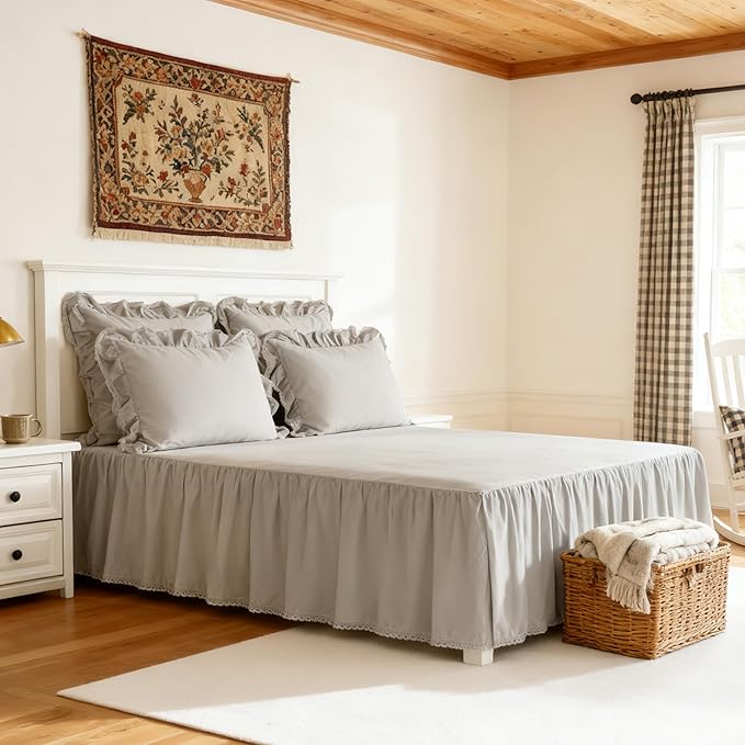 Vlocemon Queen Size 18 inch Drop Light Grey Dust Ruffle, Crochet Edge Lace, Lightweight 100% Cotton, French Coutry Style Ruffled Bed Skirt with Split Corners