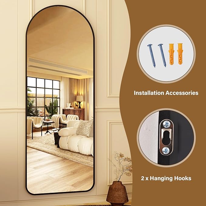 HARRITPURE 64"x21" Arched Full Length Mirror Floor Mirrors with Aluminum Alloy Frame Free-Standing Wall Mounted or Leaning Large Bedroom Dressing Mirror Modern & Contemporary Decor for Home,Black
