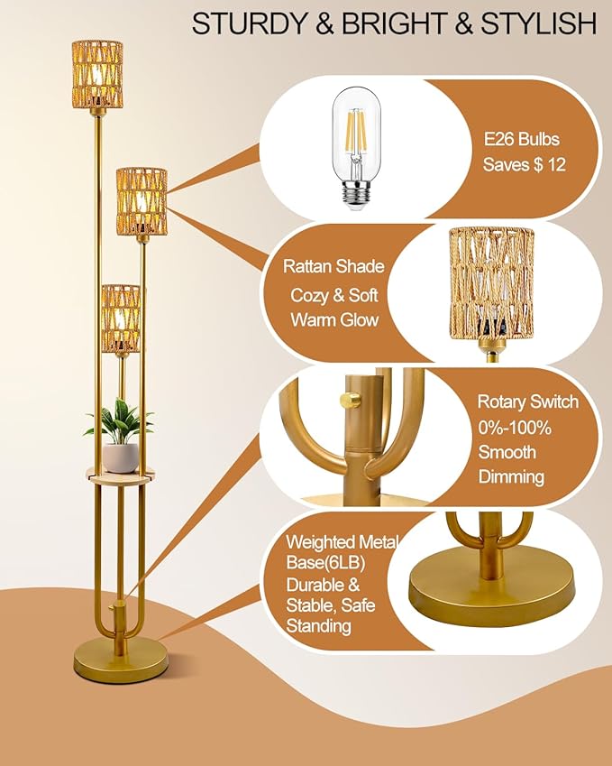 Lightdot Dimmable Boho Floor Lamps for Living Room, 3-Lights Rattan Floor Lamp with Shelves, 3000K Warmwhite Farmhouse Floor Lamp Candle Holder Style, Rustic Gold Standing Lamp with Bulbs Included