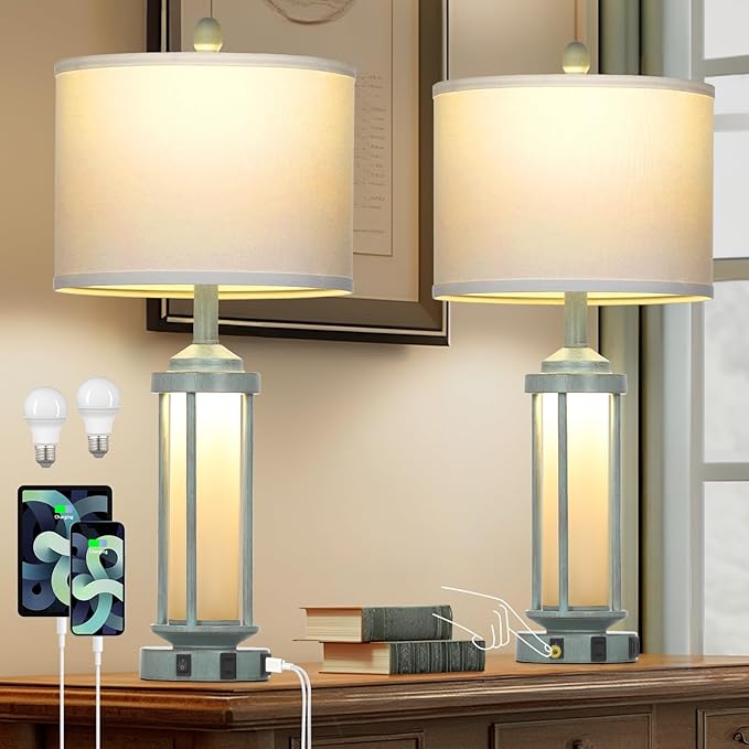 Farmhouse Table Lamps for Living Room, 27" Vintage Rustic Beside Lamp Set of 2 with USB A+C Charging Ports & AC Outlet, Retro Nightstand Lamp with Fabric Shade for Bedroom Entryway(4 Bulbs Included)