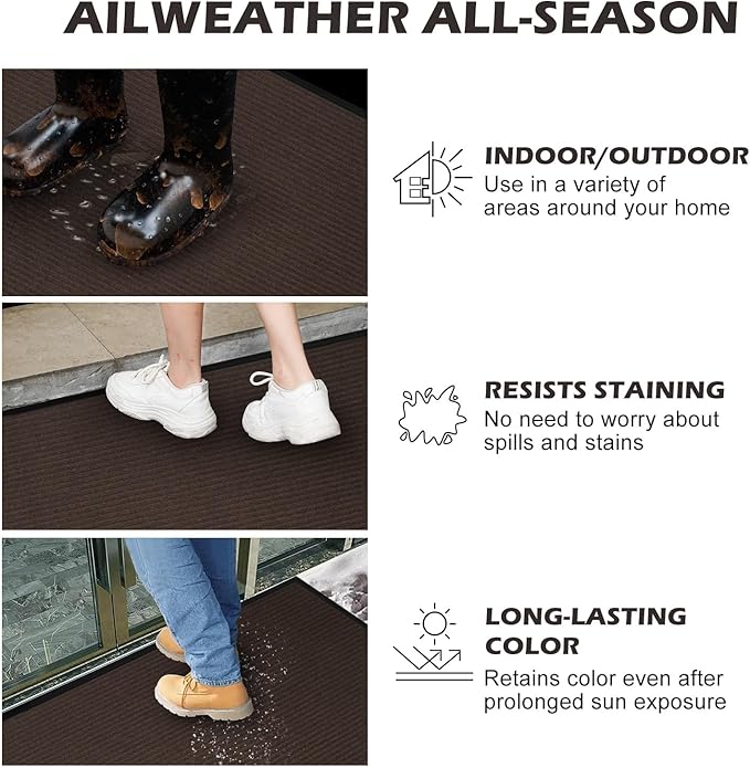 30" x 18" Heavy Duty Front Door Mat | Weather-Resistant (Fade & Waterproof) | Low Profile Indoor Outdoor Doormat | Non-Slip Entryway Mat for Home, Patio & High Traffic Areas, Brown
