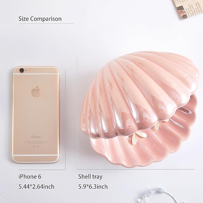 Denique Shell Jewelry Dish Tray, Ceramic Trinket Tray Clamshell Jewelry Storage Dish, Ring Holder Dish Key Bowl, Decorative Jewelry Plate, Cute Jewelry Organizer for Room Decor (Pink)