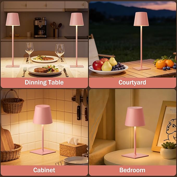 Pink Cordless Rechargeable Table Lamp, 2 Pack Portable Desk Lamp with 5000mAh Battery, Touch Control Stepless Dimming, Wireless Night Light for Dining, Outdoor Camping, Coffee Shop, Waterproof Design