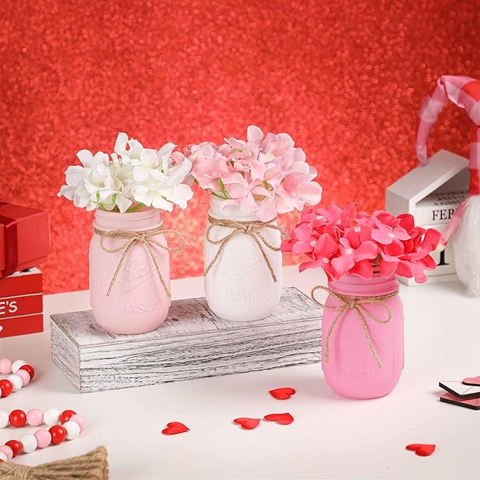 Valentines Mason Jar Centerpiece for Table with Wood Tray, Pink Painted Decorative Mason Jars for Valentines Decorations Table Kitchen Decor, Mothers Day Mason Jar, Mom Gift for Women