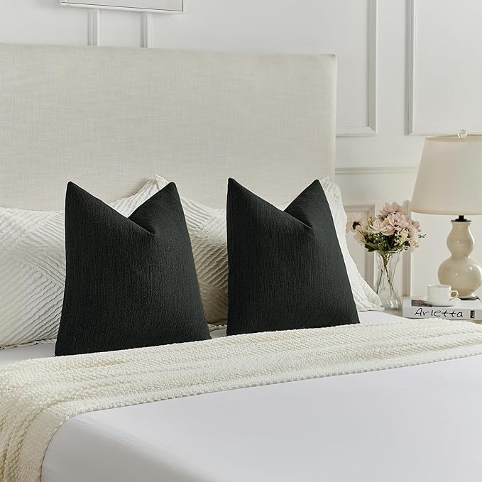 FUTEI Black Chenille Decorative Throw Pillow Covers 18x18 Inch Set of 2,Soft Cozy Faux Linen Textured Cushion Case,Farmhouse Home Decor for Couch Living Room