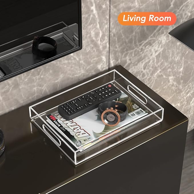 MaxGear Acrylic Decorative Tray Serving Trays with Handles (16 inches, Set of 2), Clear Decorative Coffee Table Nesting Trays Ottoman Tray for Food, Tea, Snacks, Drink, Kitchen, Vanity