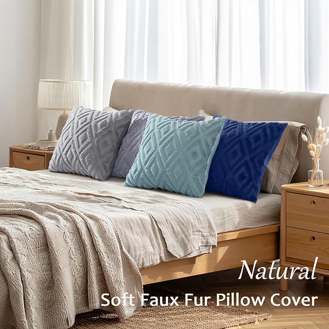 decorUhome Pack of 4 Faux Fur Throw Pillow Covers 20x20, Soft Decorative Couch Pillow Covers with Velvet Back for Modern Sofa Living Room, Grey/Blue
