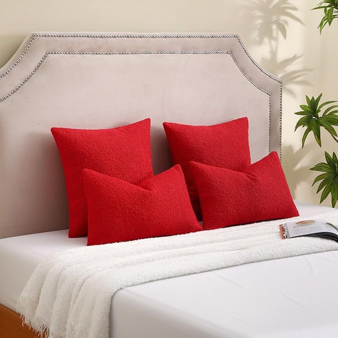 FUTEI Valentine's Day Pack of 2 Red Decorative Throw Pillow Covers 22x22 Inch Soft Cozy Solid Boucle Textured Cushion Case,Modern Home Decor for Couch Bed Living Room