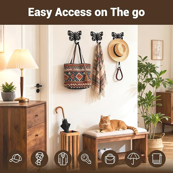 Butterfly Design Wall Hooks for Towel and Coat: 20LB Screw in Aesthetics Metal Hanger Wall Mount for Living Room, Bathroom, Kitchen, Bedroom for Coat, Bag, Scarf, Towel, Hat, Key, Cup, 3 Pack