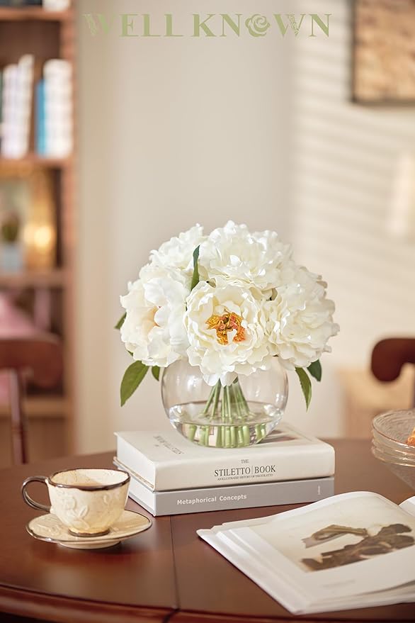 Artificial Flowers in Vase, Silk White Peonies Flowers with Globe Glass Vase & Faux Water, Fake Flower Arrangement for Home Dining Table Centerpieces Winter Spring Chritmas Wedding Party Decor Gift