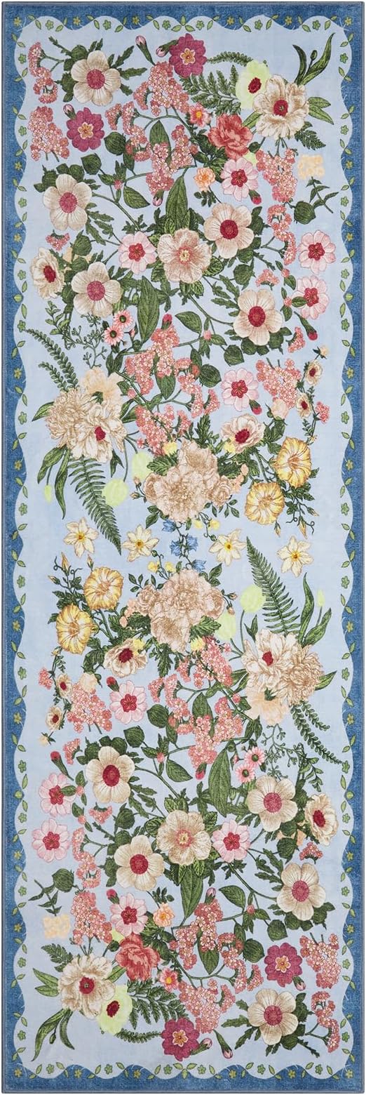 AREAMAY Floral Runner Rug 2x6 - Washable Vintage Kitchen Rug Low Pile Non-Slip Carpet for Entryway Hallway, Laundry, Bedroom - Soft, Stain Resistant Indoor Area Rug - Blue