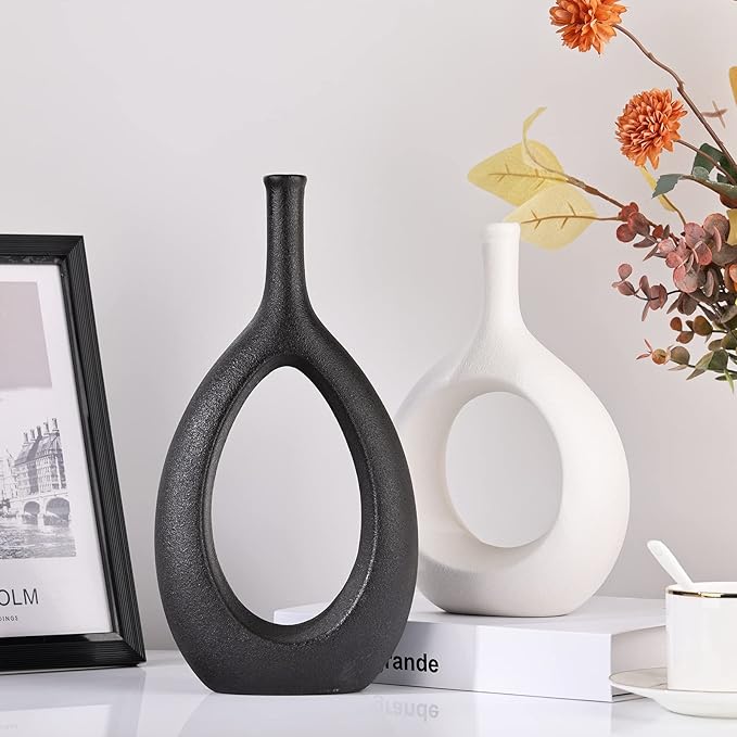 Black White Ceramic Vase Set 2,Modern Hollow Circle with Hole Flower Vase for Home Decor,for Table Centerpieces,Farmhouse,Fire Place,Living Room,Bedroom,Office,Bookshelf,Rustic Decor
