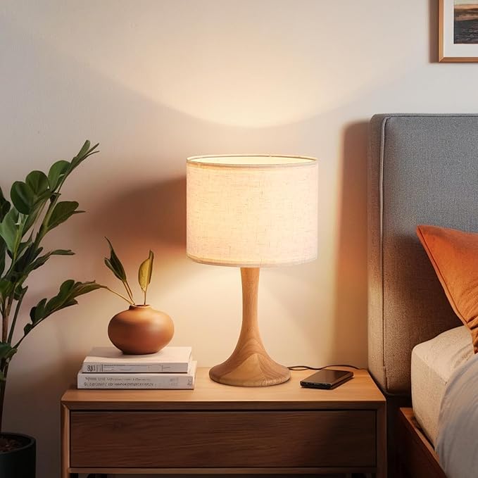 Bedside Table Lamp for Bedroom, Nordic Plug in Fabric Shade & Solid Wood Base Desk Lamp, Plug & Play Yellow Wood Color Nightstand Lamp for Living Room, Office, Switch Power Cord 【Bulb Not Included】