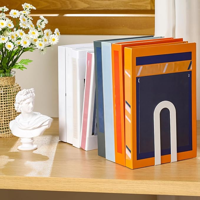 Chunful 6 Pcs Modern Metal Book Ends for Shelves Decorative Small Bookends Book Shelf Organizer Minimalist Design Stopper to Hold Books for Home Office (5.5 * 3.75 * 2.25inch,White)