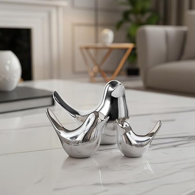 Silver Bird Statue Set – Small, Medium, Large, Modern Tabletop Sculptures for Living Room, Mantel, Shelf, Console Table, Entryway, Fireplace, Bedroom, Contemporary Silver Home Decorations